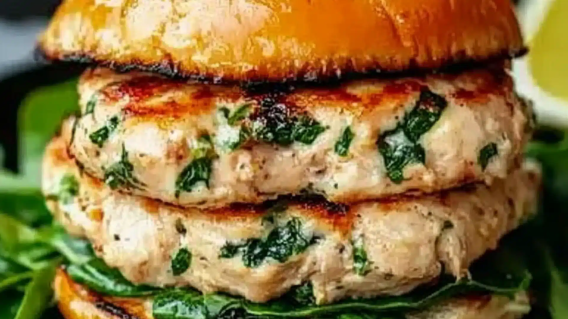 grilled chicken and spinach burgers on buns with greens in the background