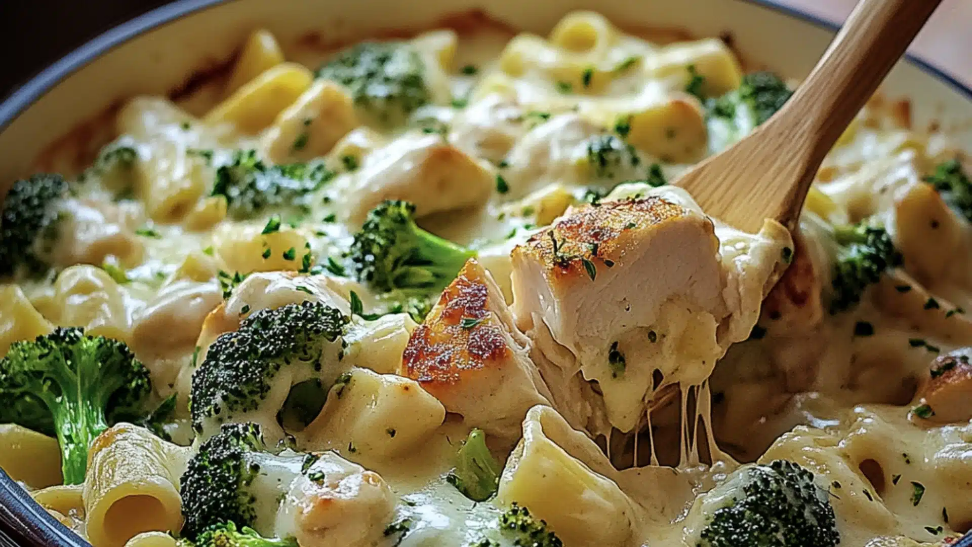 chicken and broccoli baked alfredo in a bowl