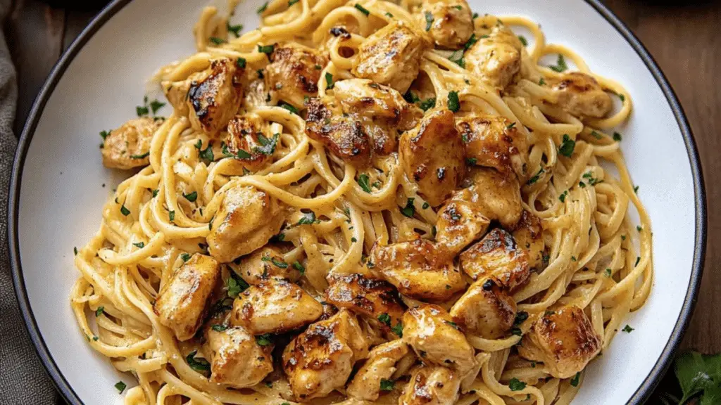 chicken linguine with text overlay that reads cowboy butter chicken linguine