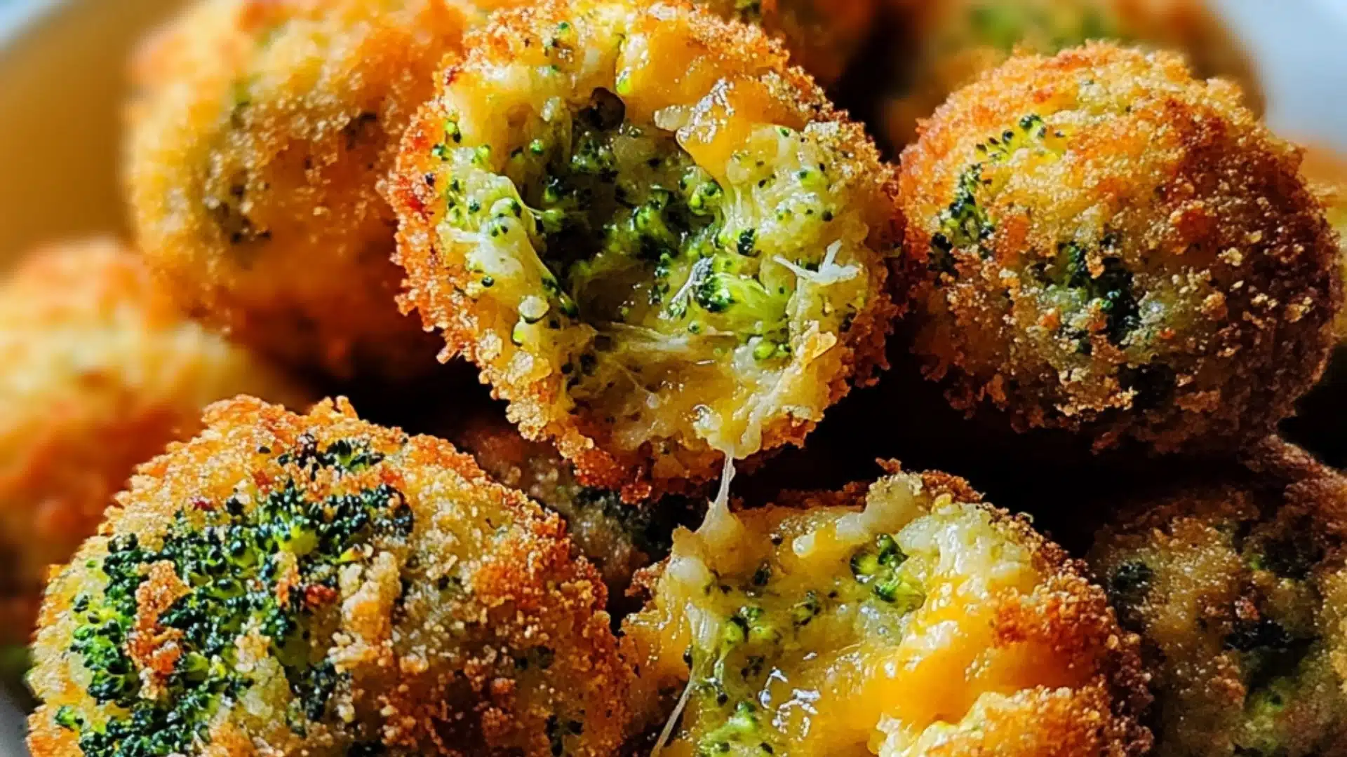 crispy broccoli cheese balls are piled on top of each other in bowls