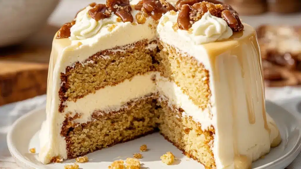 two slices of butterscotch crunch cake on plates