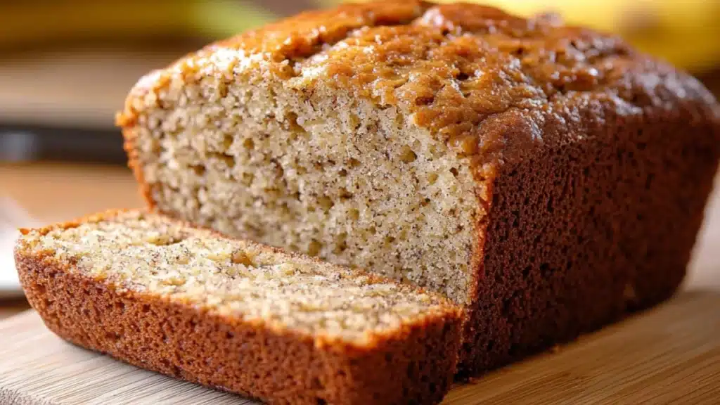 sliced banana bread on a cutting board with text overlay that reads the best banana bread