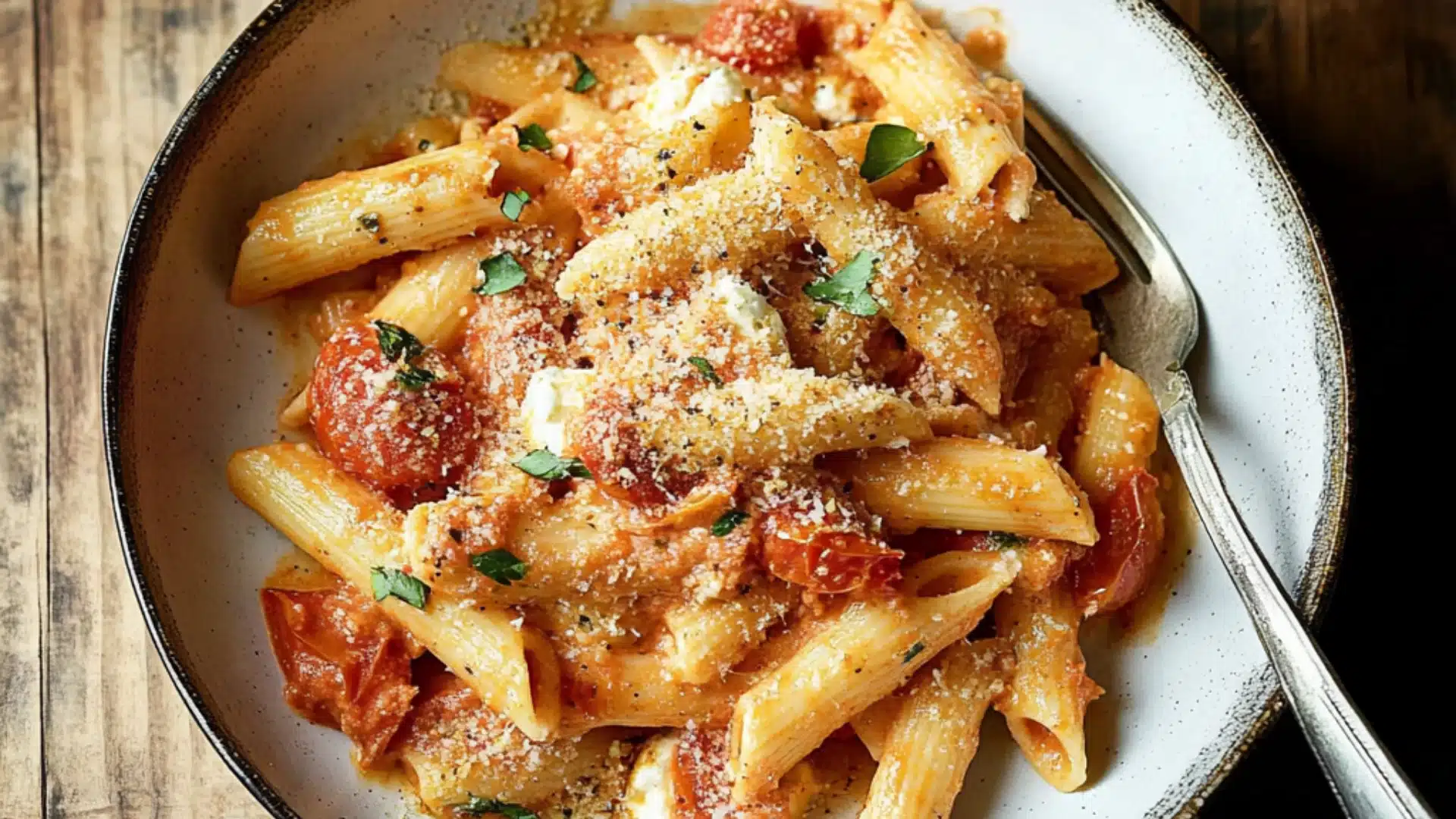 creamy tomato ricotta pasta on a plate with basil