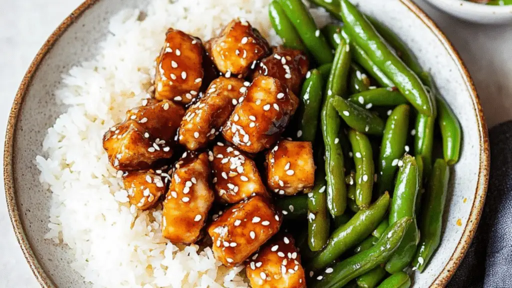 two plates filled with chicken and green beans