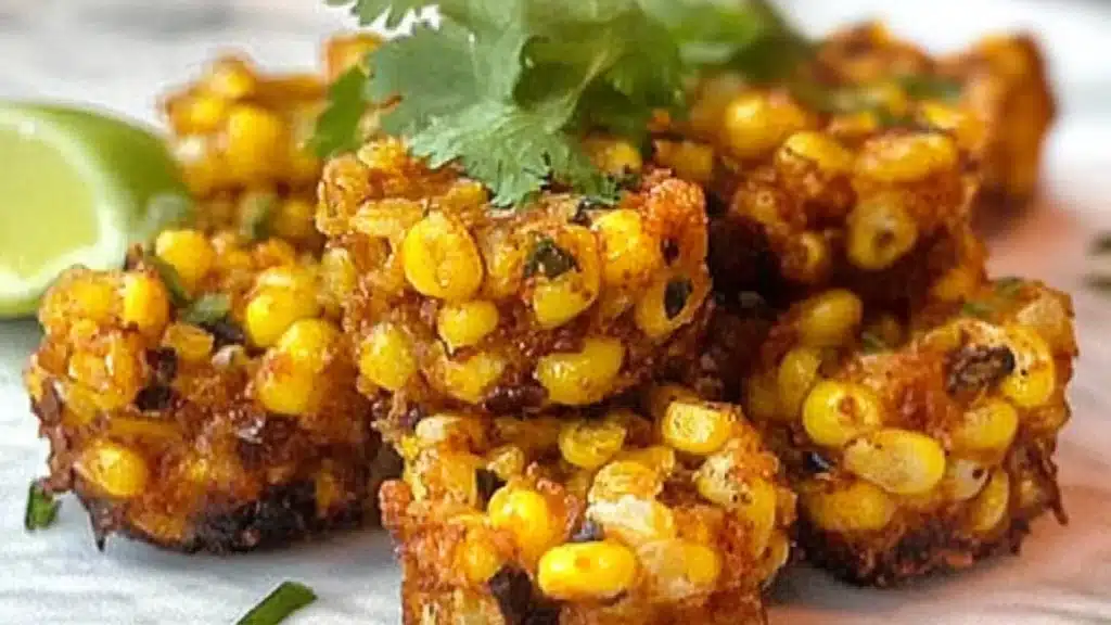 a black plate topped with corn covered in seasoning and garnished on top of a wooden table