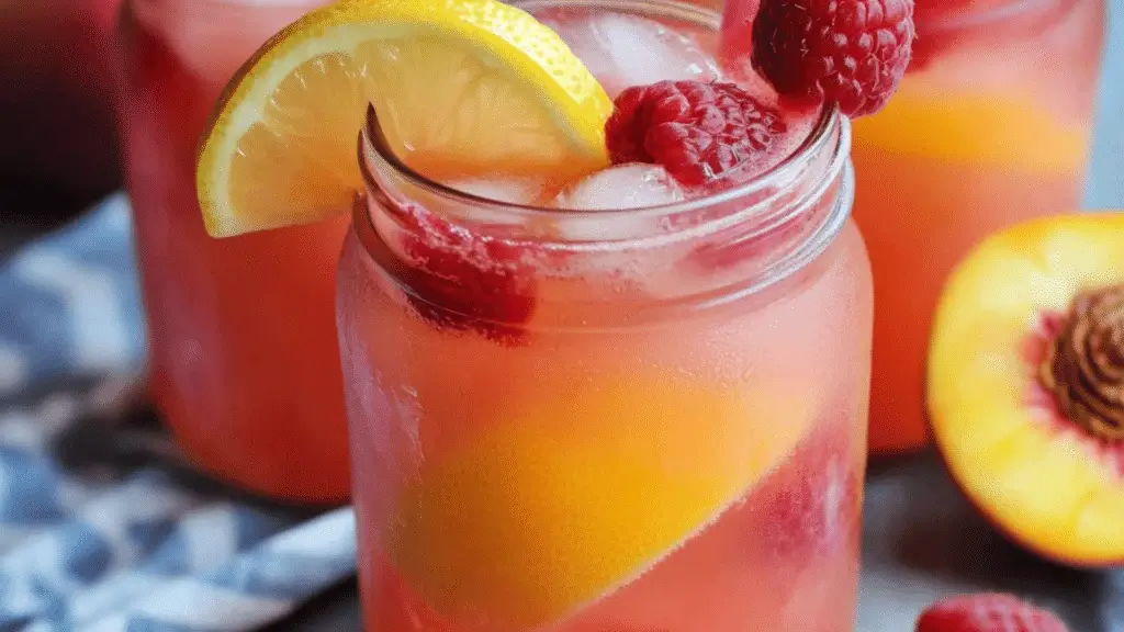 the raspberry peach lemonade cocktail is served in glasses with mint garnish
