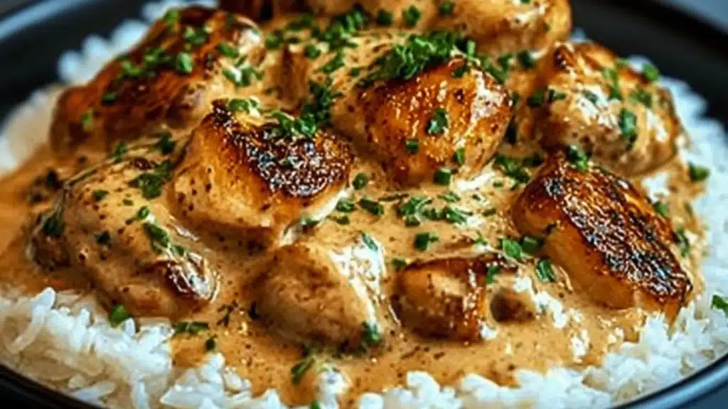 chicken and rice on a plate with the words creamy smothered chicken and rice