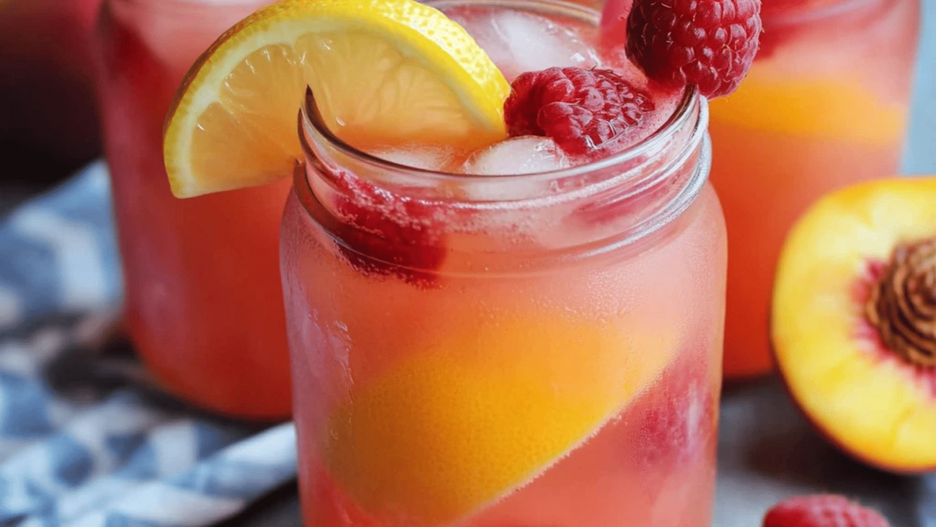 the raspberry peach lemonade cocktail is served in glasses with mint garnish