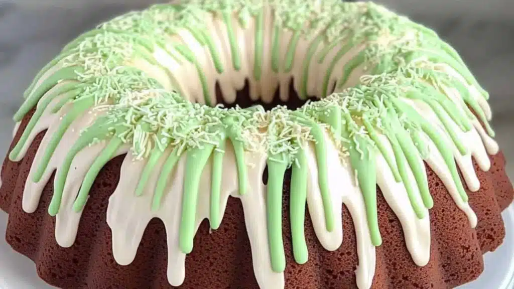 a bundt cake decorated with grass and peep holes