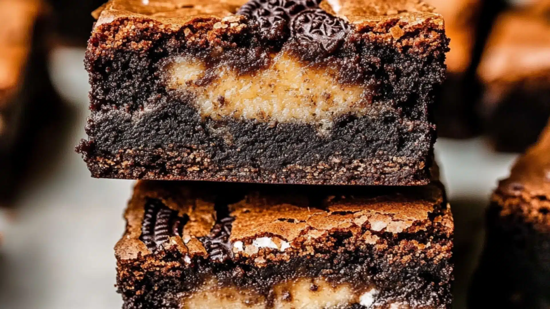 four chocolate brownies with white frosting stacked on top of each other