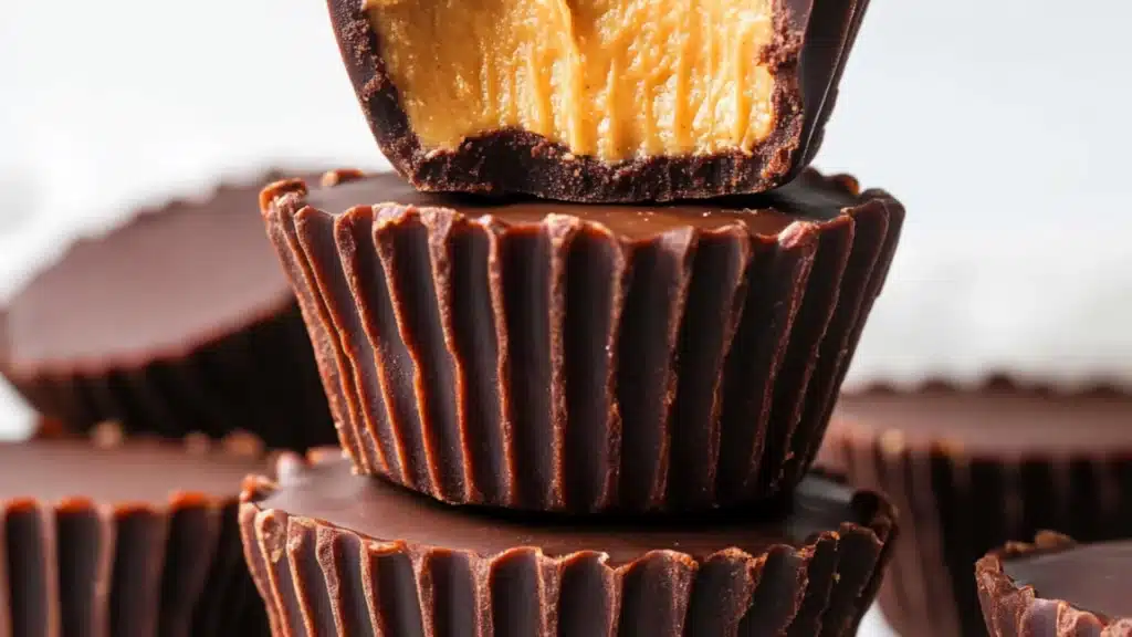 chocolate peanut butter cups stacked on top of each other with the title text above it