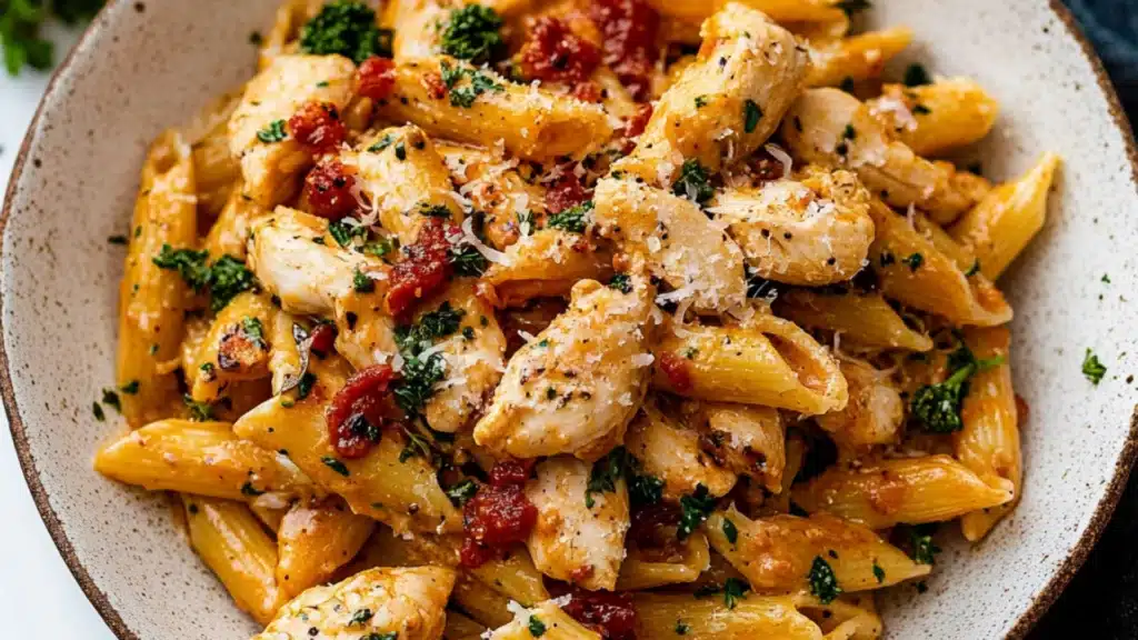 two plates filled with pasta and chicken covered in sauce