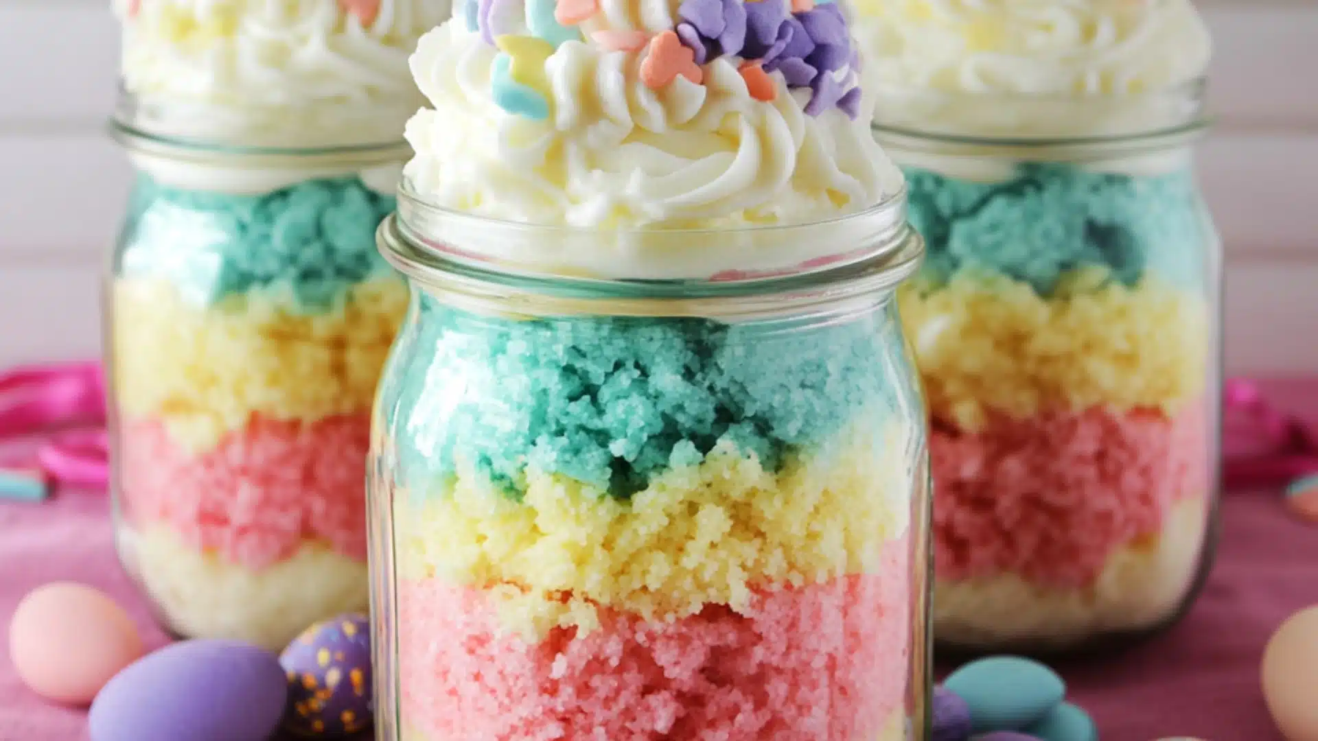 colorful cupcakes in jars with the words, insanchy cute easter cake in a jar
