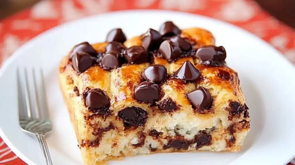 chocolate croissant breakfast bake in a casserole dish with text overlay