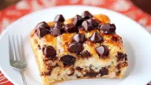chocolate croissant breakfast bake in a casserole dish with text overlay