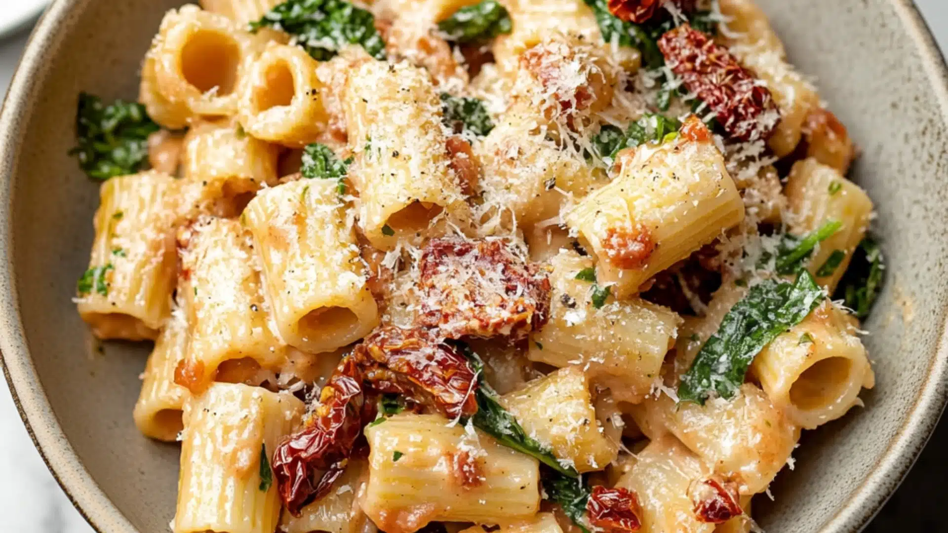 a bowl filled with pasta and spinach on top of a marble countertop next to a fork