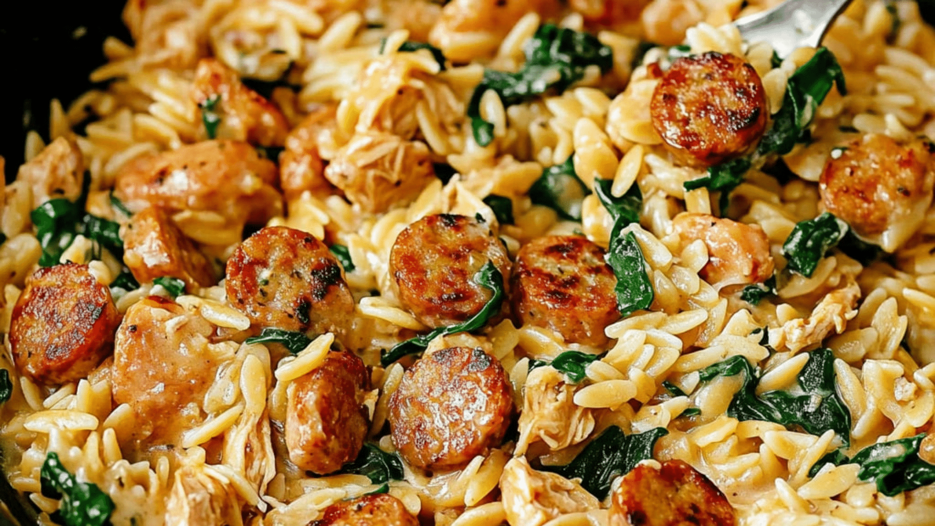a skillet filled with pasta and sausages on top of a table next to a wooden spoon
