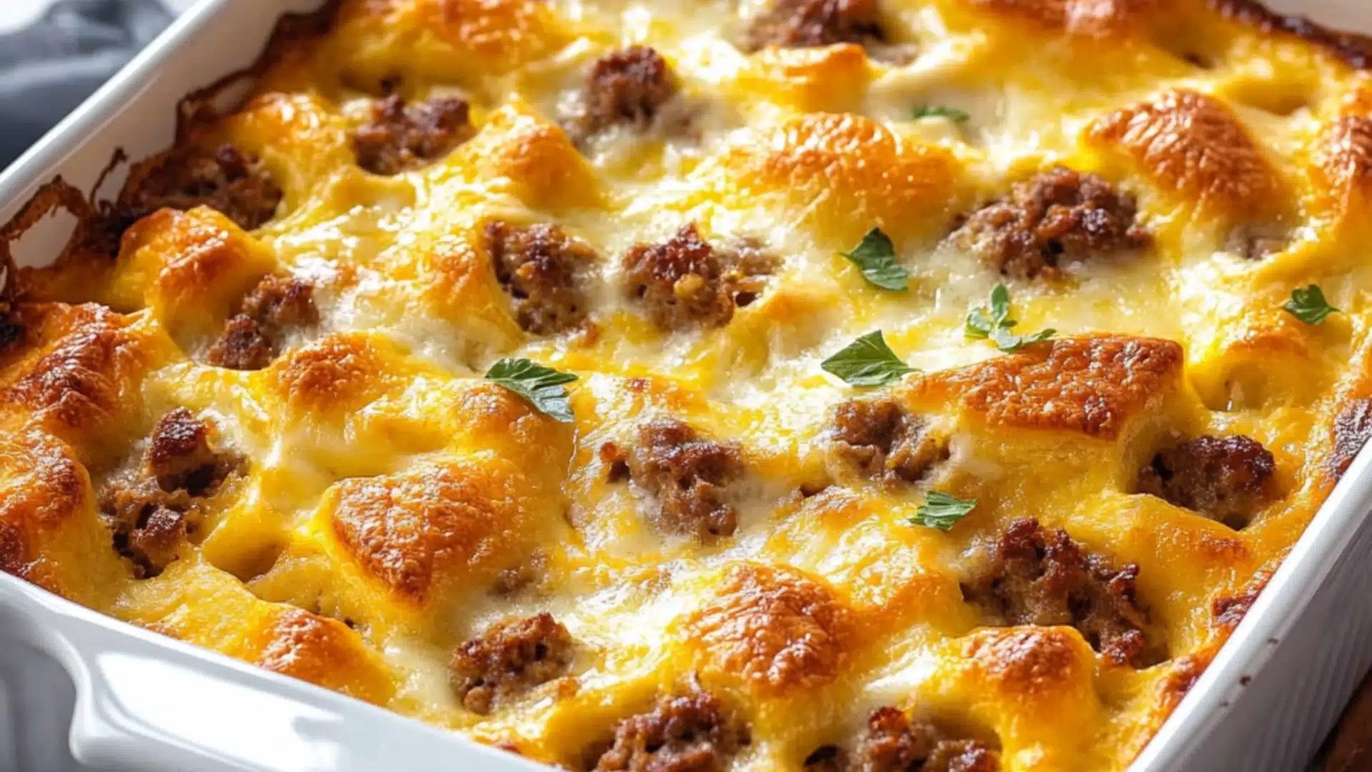 a casserole dish with cheese and meat in it on a white plate next to another casserole dish