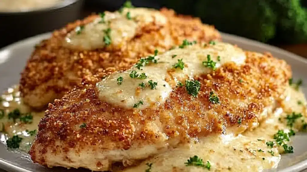 chicken with parmesan sauce in a white bowl and on the side, is shown
