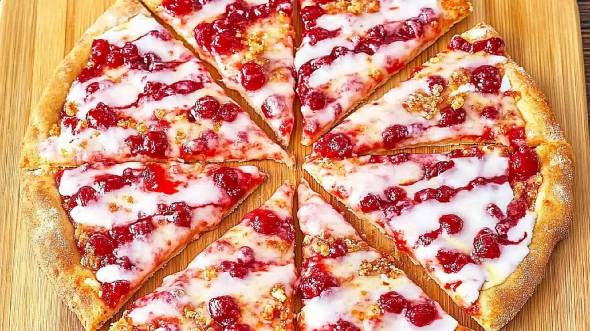 a cherry pie with crumbled toppings on it sitting on a table top
