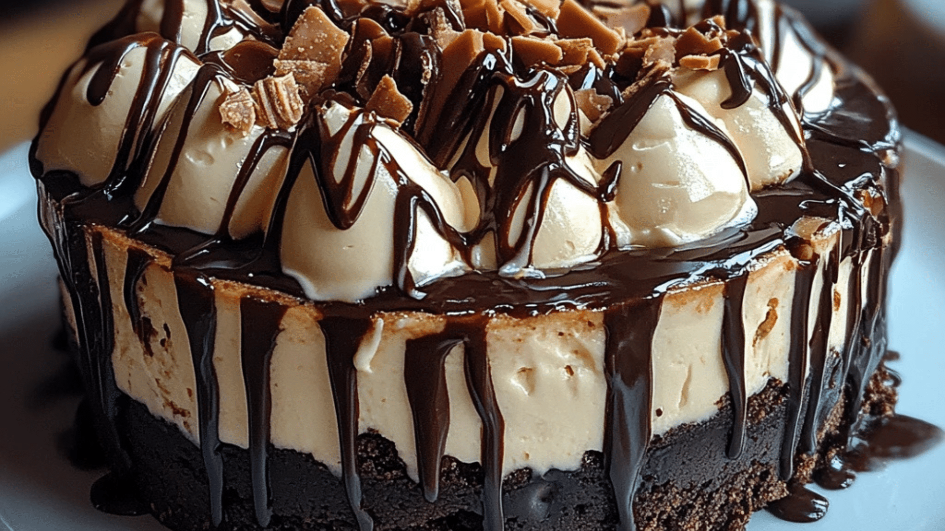 two pictures showing different types of cheesecakes on plates with chocolate drizzle