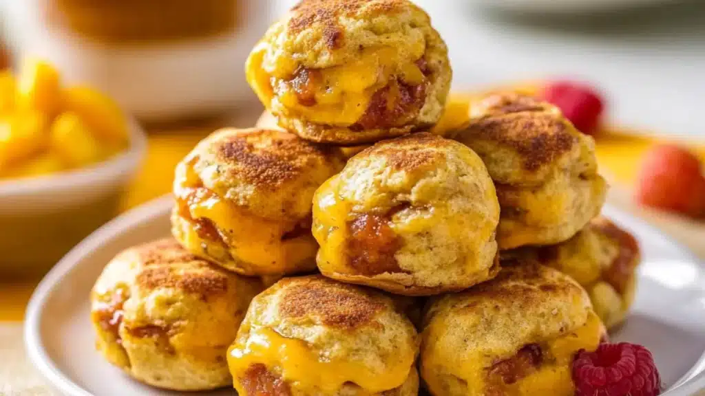 mini mcgridle bites recipe with cheese on top and in the middle, next to other muffins