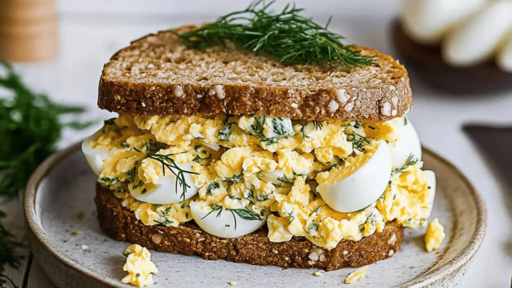 healthy high protein egg salad recipe on a plate with oranges and other food items