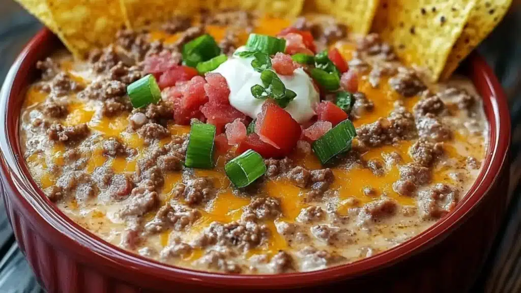 a hand holding a tortilla chip over a bowl of chili and cheese dip