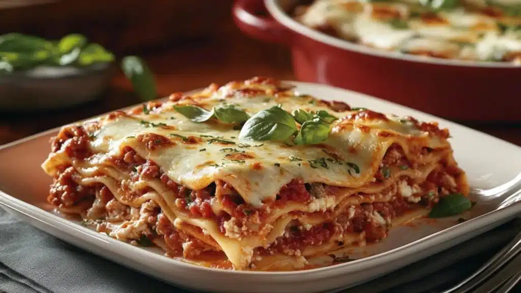 lasagna recipe with meat and cheese on top