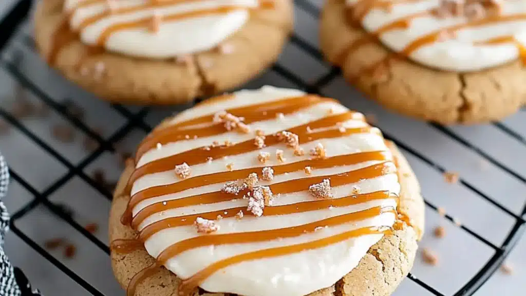 salted caramel cheesecake cookies with frosting on top