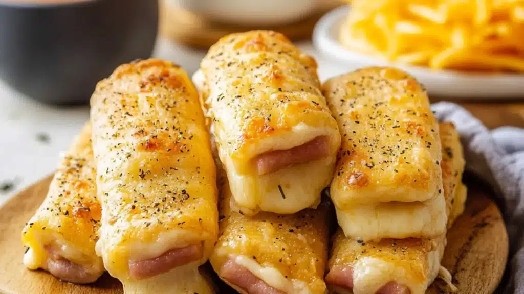 ham and cheese spring rolls on a cutting board
