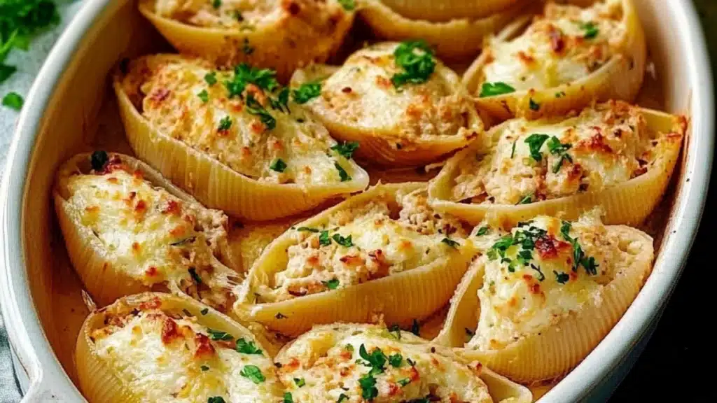 creamy seafood stuffed shells are served on a plate with parsley sprinkled cheese