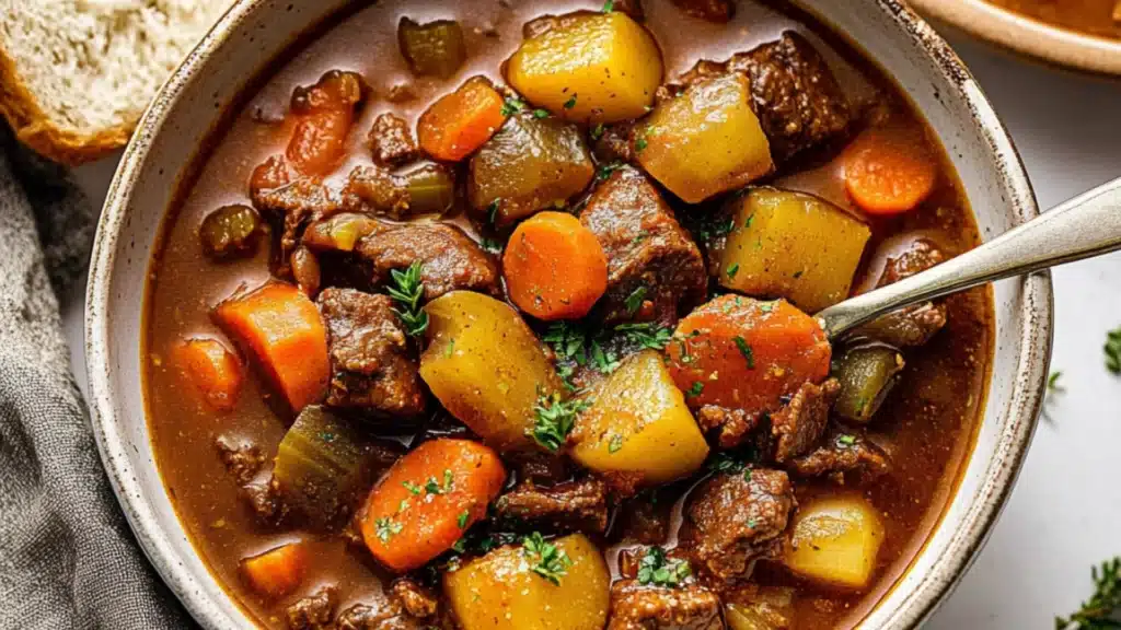 a pot filled with stew and carrots on top of a white countertop next to a wooden spoon