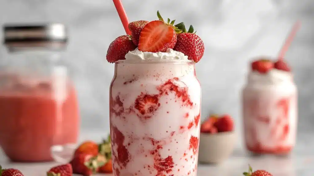 a strawberry milkshake in a glass with strawberries on the side and text overlay