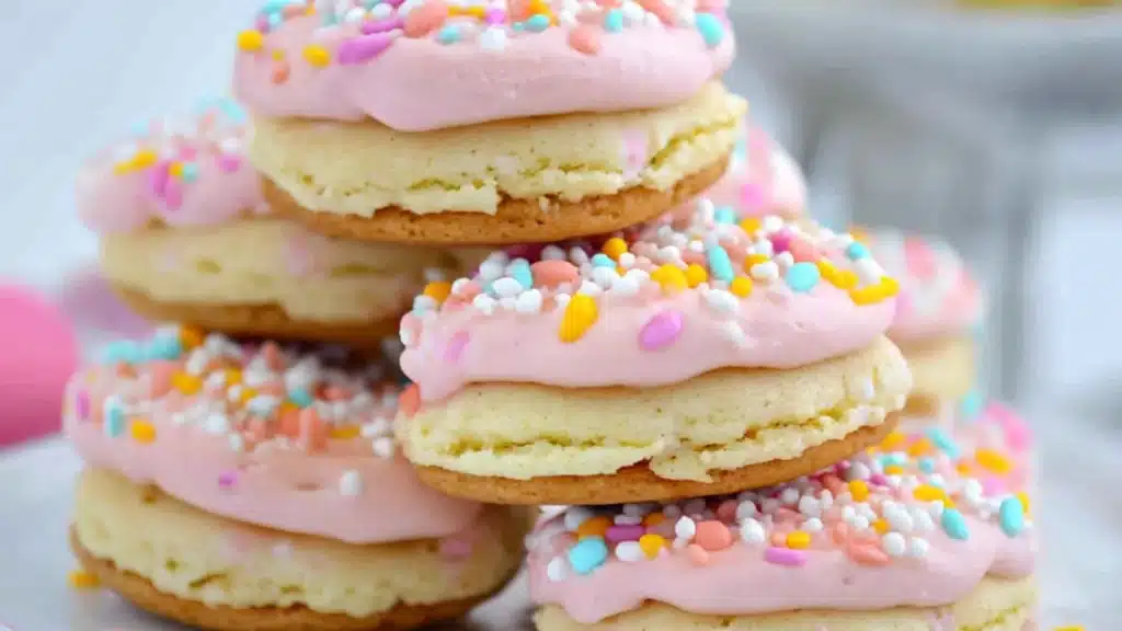 easter whoopie pies on a white plate with pink and yellow sprinkles