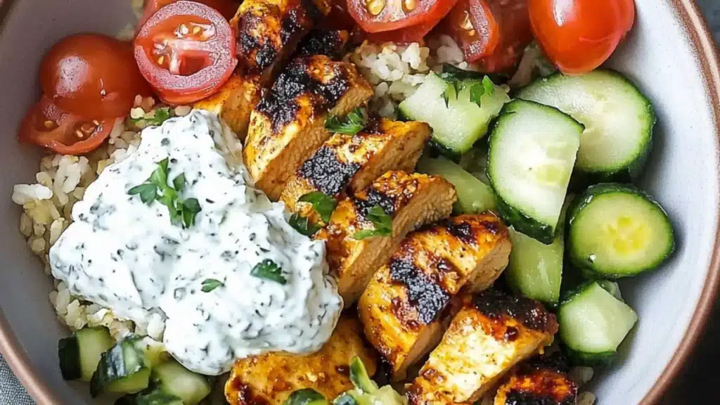 two plates filled with chicken, cucumber and tzatzki bowls next to each other