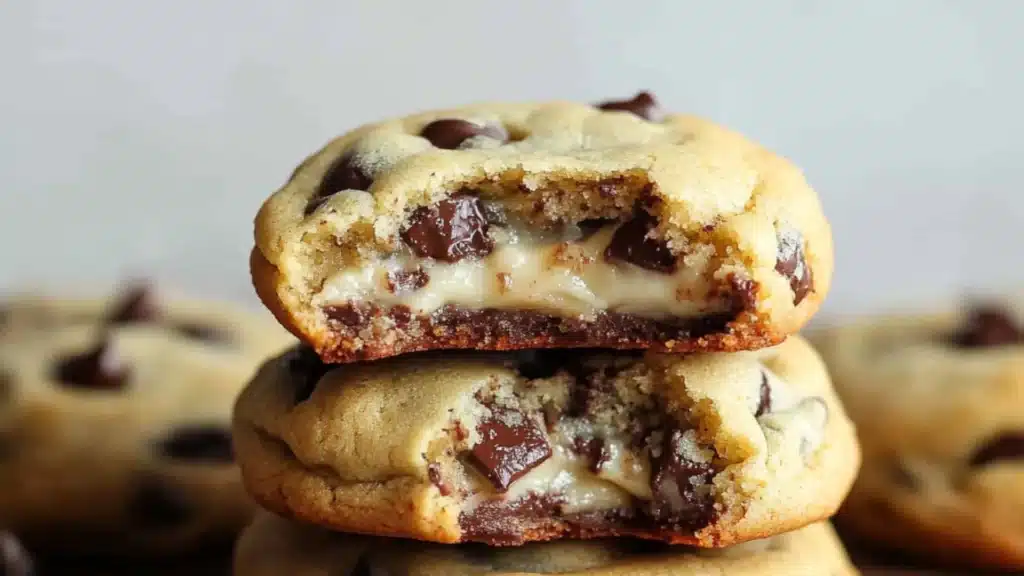 chocolate chip cheesecake cookies stacked on top of each other with the title in the middle