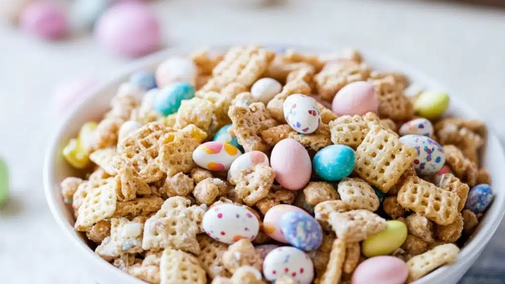 easter chex mix in a bowl