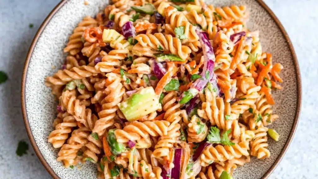 a bowl filled with pasta and vegetables next to the words protein packed thai pasta salad