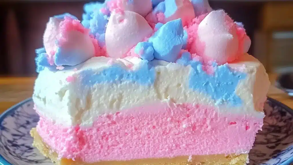 an advertisement for cotton candy cheesecake on a blue plate