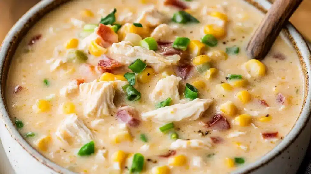 two bowls of crockpot chicken chowder with bread on the side and text overlay