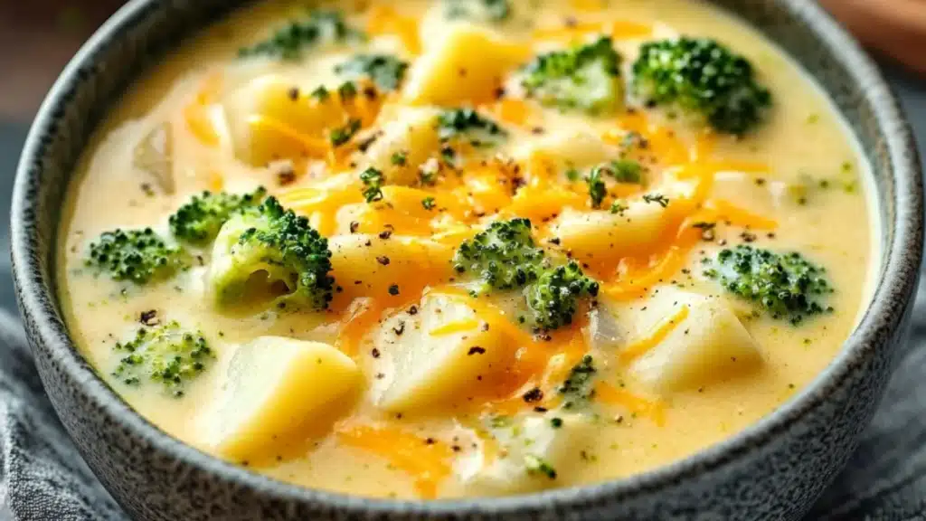two images showing different types of broccoli potato soup with cheese in the middle