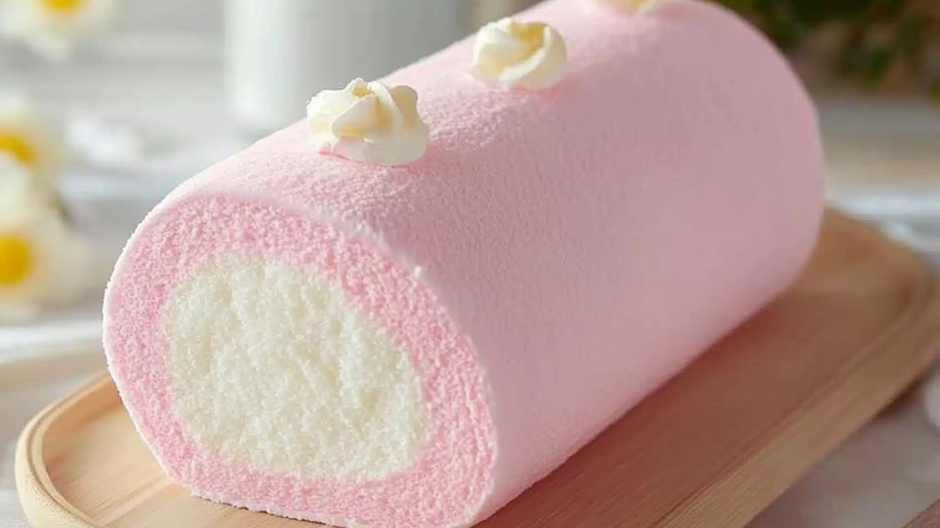 cotton candy roll cake with sprinkles on top and the bottom half rolled up
