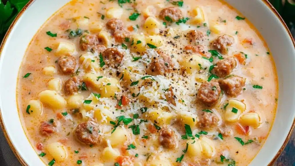 a bowl of soup with meatballs and cheese in it on a table next to bread