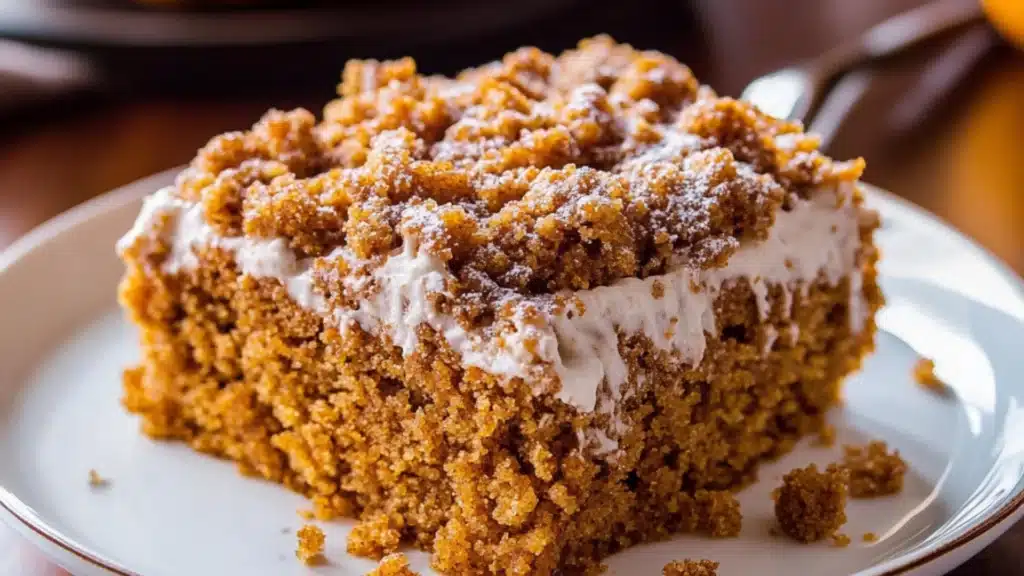 the best pumpkin crumb cake in a pan with icing drizzled on top