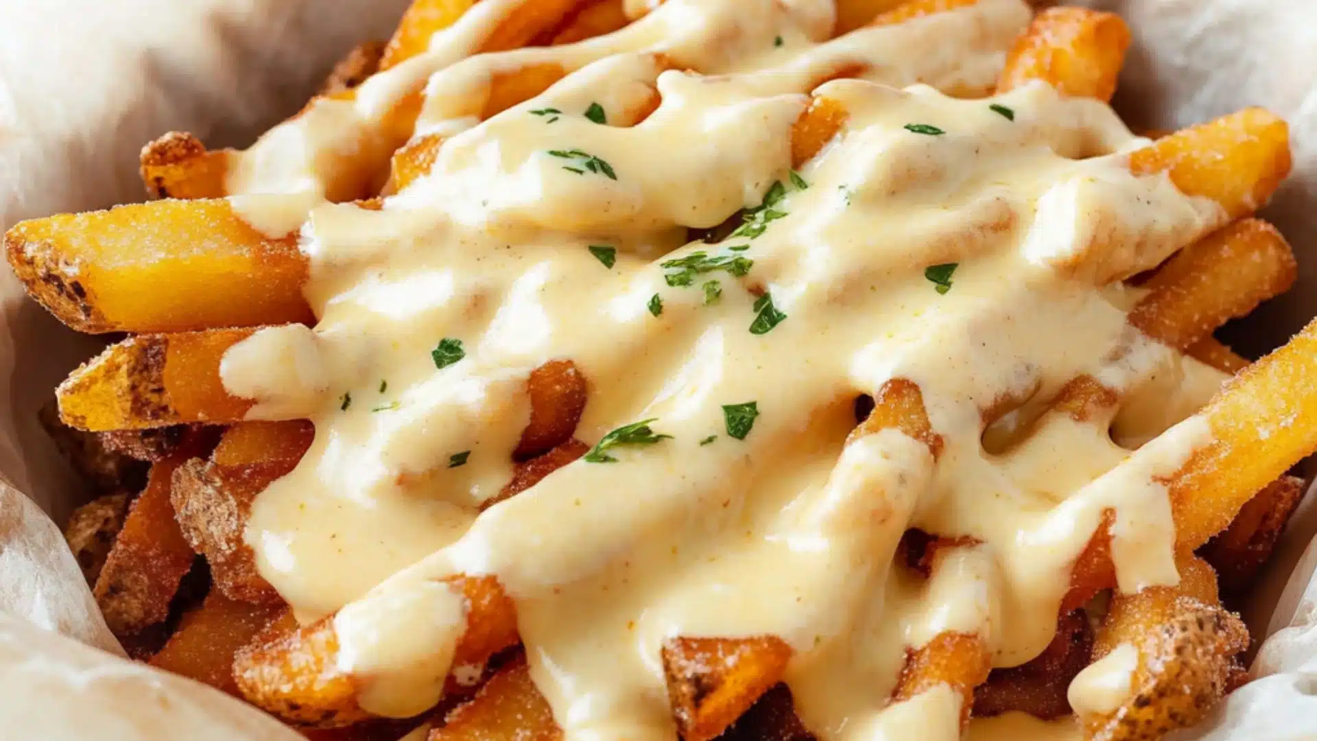 french fries with cheese sauce and parmesan on top