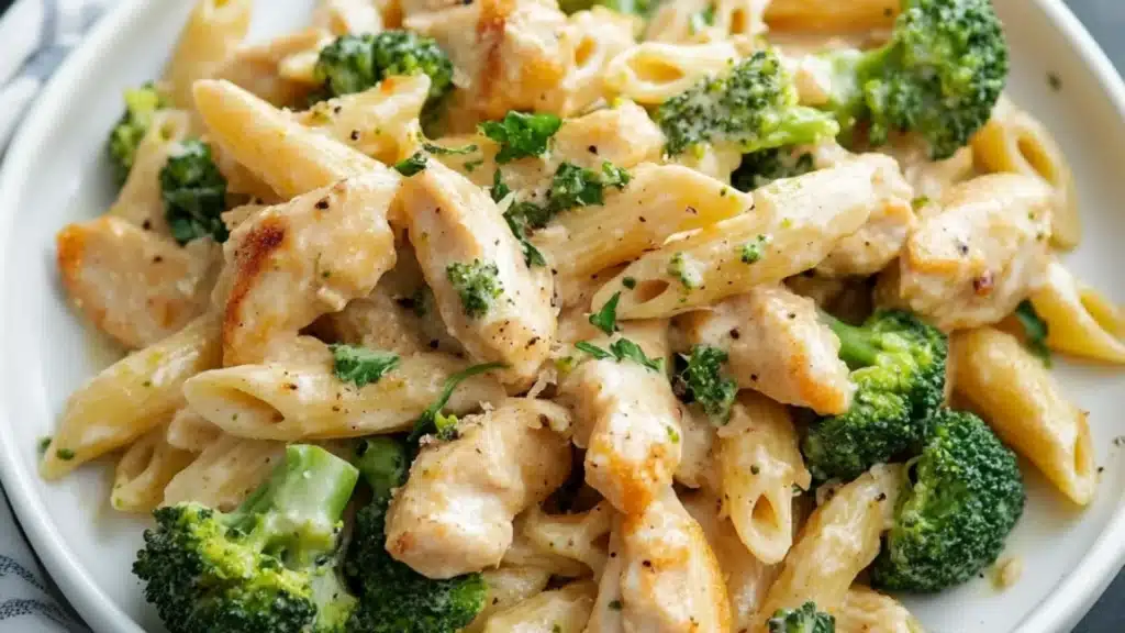 chicken and broccoli pasta bake in a pan with the title above it