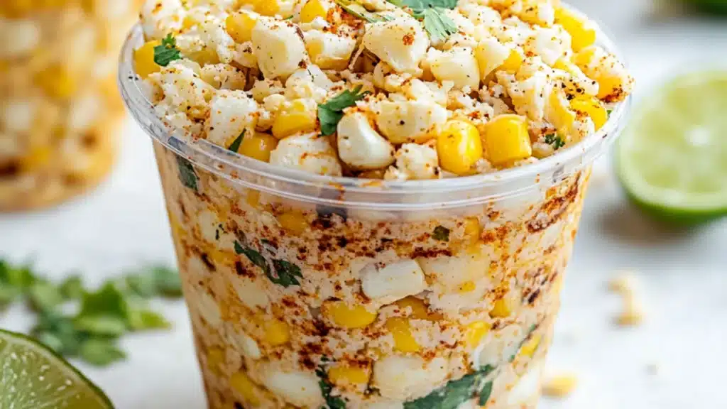 a plastic cup filled with mexican food and garnished with cilantro on the side