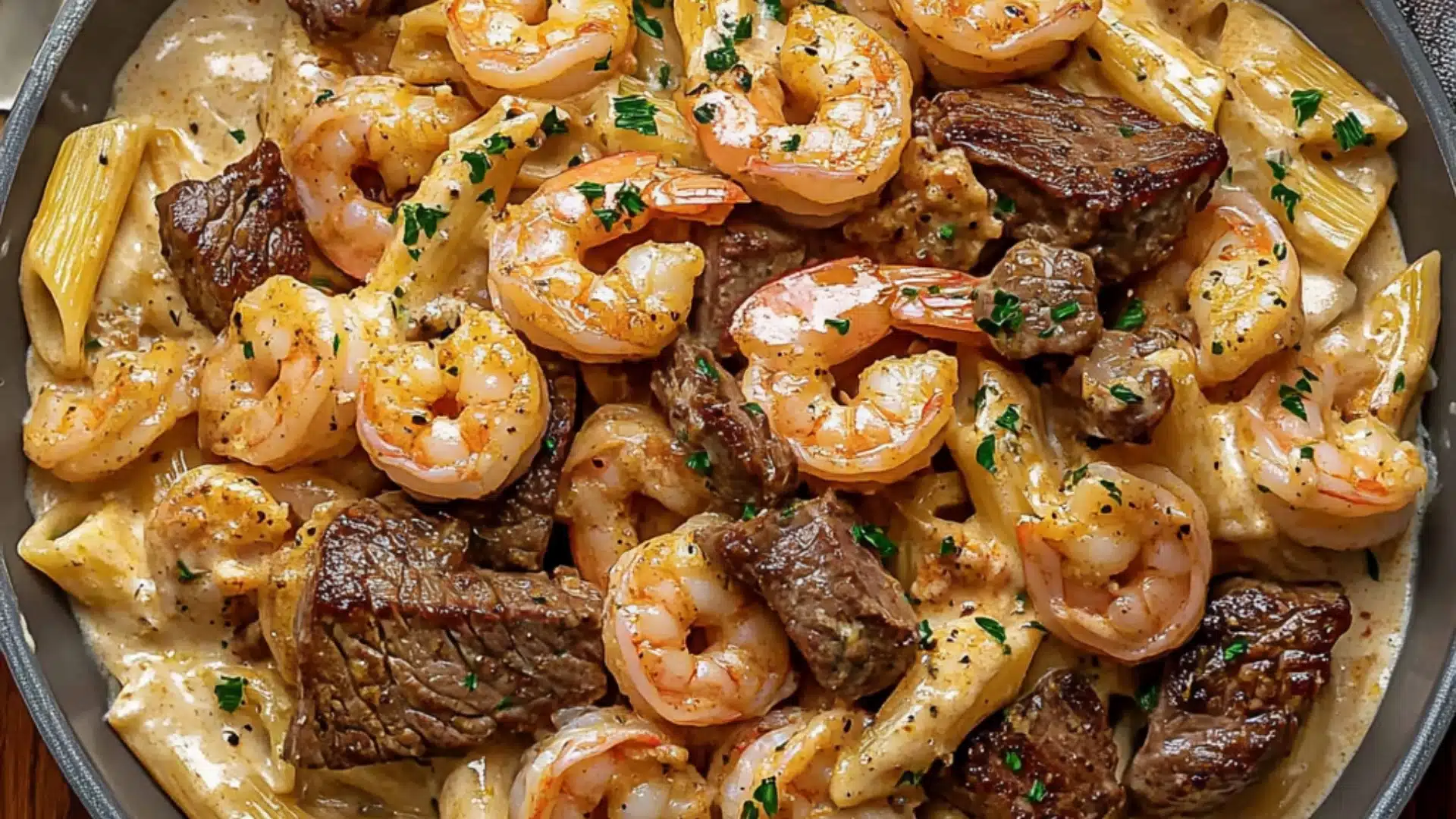 shrimp and steak alfredo pasta in a white bowl