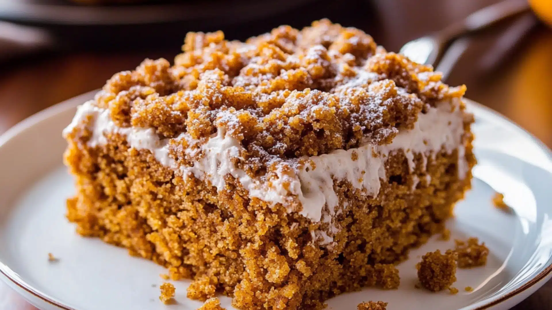 the best pumpkin crumb cake in a pan with icing drizzled on top